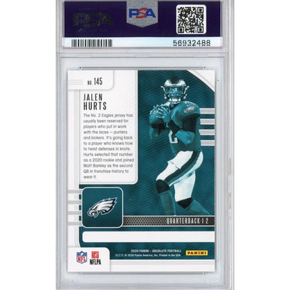Graded Jalen Hurts football trading card in PSA Gem Mint 10 condition from 2020 Panini Absolute