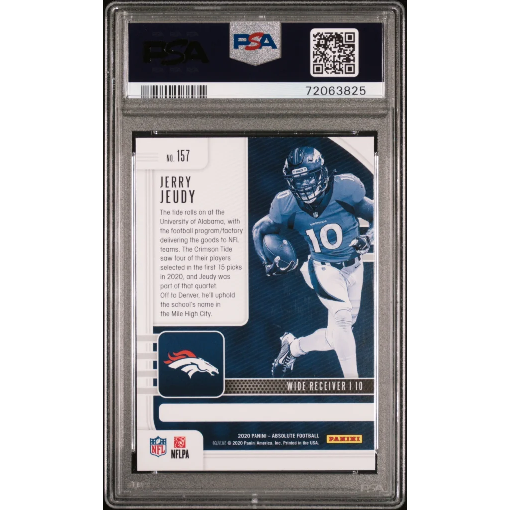 Jerry Jeudy football trading card in PSA slab from 2020 Panini Absolute Rookie set