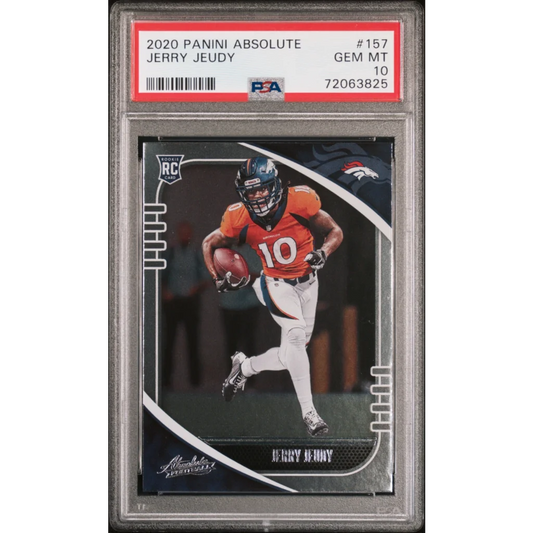 PSA graded 2020 Panini Absolute Jerry Jeudy rookie card on display