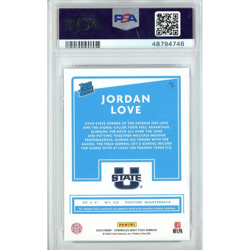 Graded 2020 Panini Chronicles DP Jordan Love #7 Donruss Rookie RC Football Card PSA 10 Gem Mint | PSA 10 Gem Mint Graded Rookie Card | vintageantiquesgifts.com