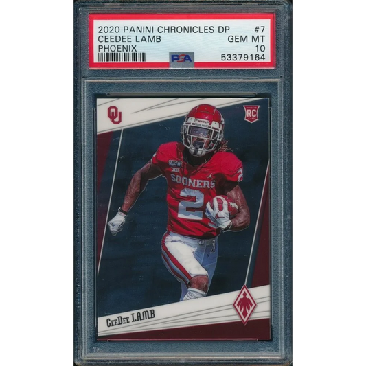 PSA graded CeeDee Lamb football trading card on display