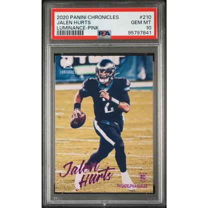 Jalen Hurts 2020 Panini Chronicles Luminance Pink football card PSA GEM MT 10