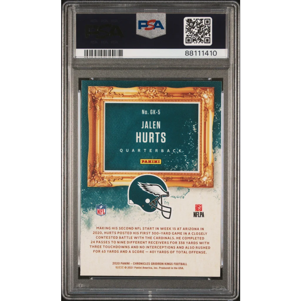 Graded 2020 Panini Chronicles Jalen Hurts #GK5 Gridiron Kings Rookie RC Football Card PSA 10 Gem Mint | PSA 10 Gem Mint Graded Rookie Card | vintageantiquesgifts.com