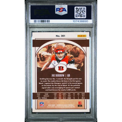 Graded 2020 Panini Chronicles Joe Burrow #201 Legacy Rookie RC Football Card PSA 10 Gem Mint | PSA 10 Gem Mint Graded Rookie Card | vintageantiquesgifts.com