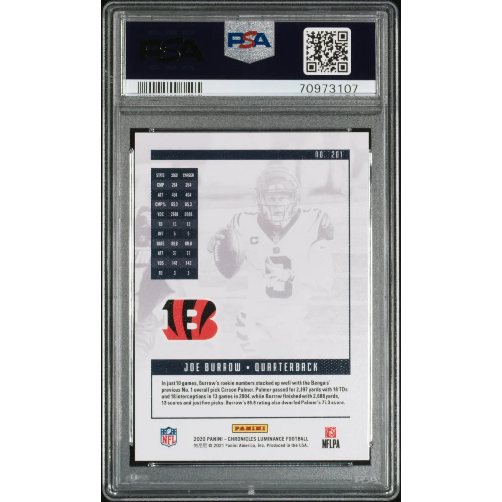 Graded 2020 Panini Chronicles Joe Burrow #201 Luminance Rookie RC Football Card PSA 10 Gem Mint