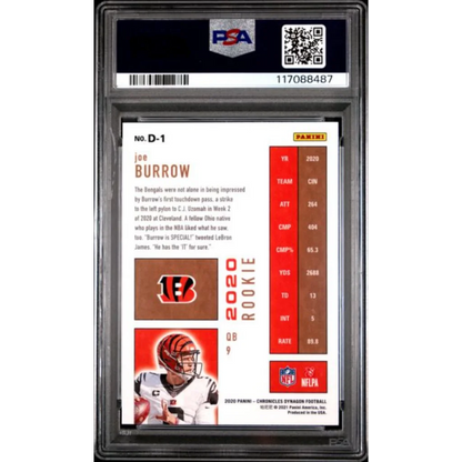 Graded 2020 Panini Chronicles Joe Burrow #D1 Dynagon Rookies Rookie RC Football Card PSA 10 Gem Mint | PSA 10 Gem Mint Graded Rookie Card | vintageantiquesgifts.com