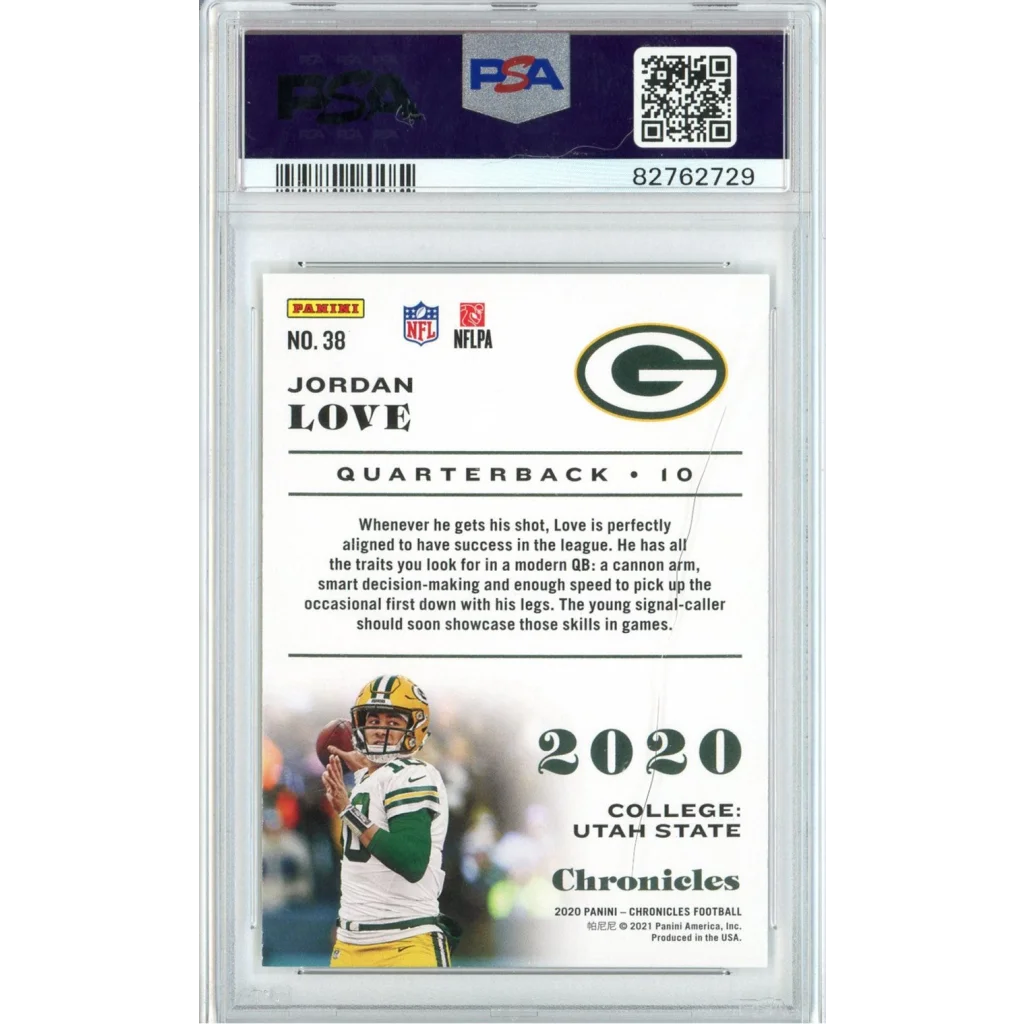 Graded Jordan Love 2020 Panini Chronicles rookie football card in PSA case