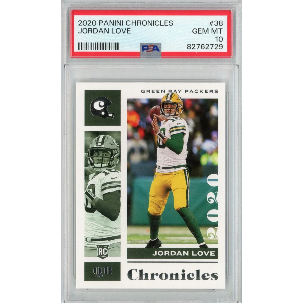 PSA graded Jordan Love 2020 Panini Chronicles rookie football card on display