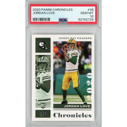 PSA graded Jordan Love 2020 Panini Chronicles rookie football card on display