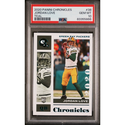 PSA graded 2020 Panini Chronicles Jordan Love teal football card on display