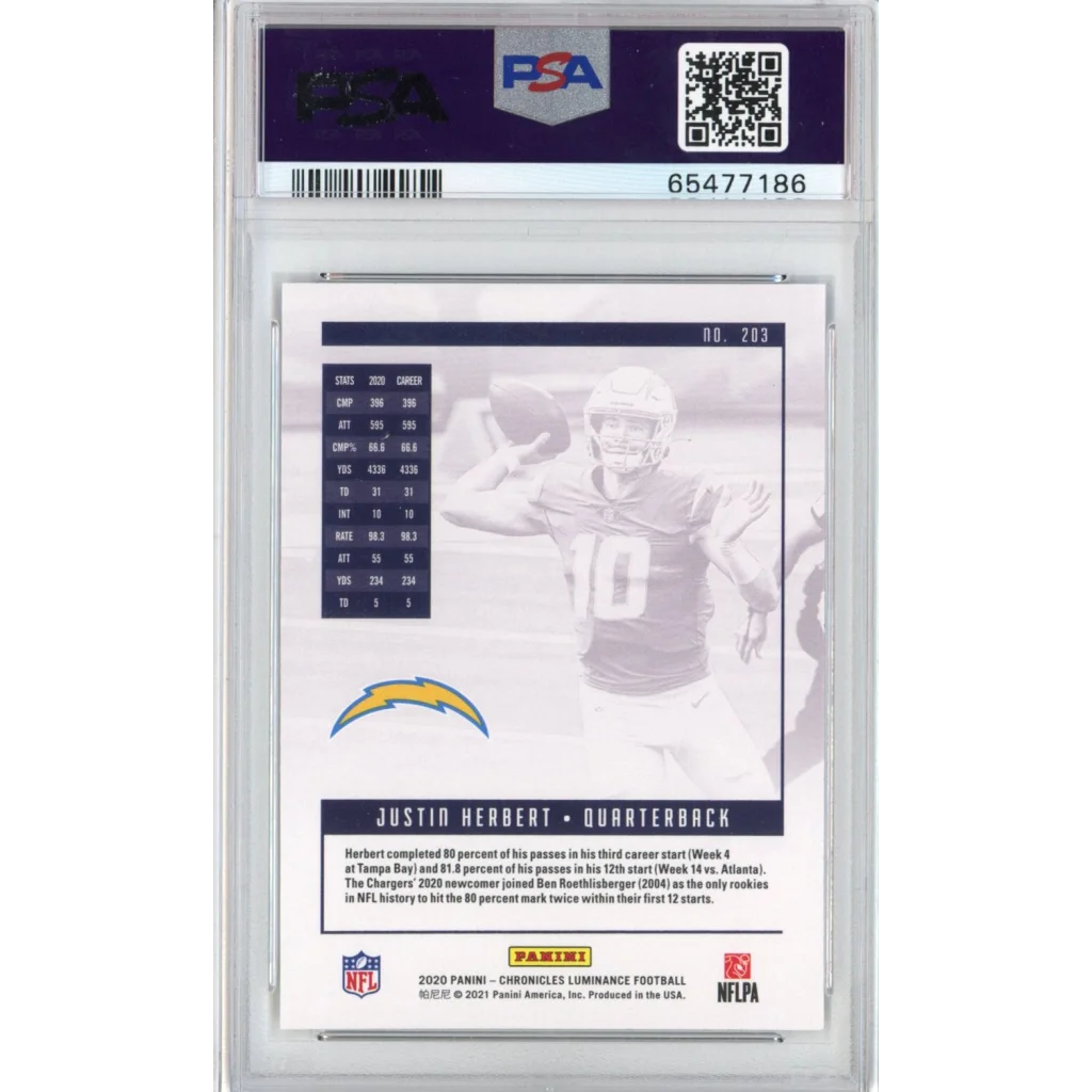 Graded PSA 10 Gem Mint 2020 Panini Chronicles Justin Herbert Luminance Rookie RC #203