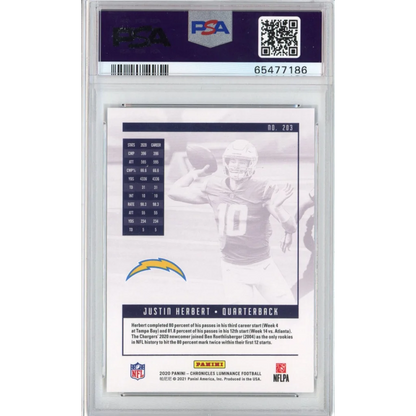 Graded PSA 10 Gem Mint 2020 Panini Chronicles Justin Herbert Luminance Rookie RC #203