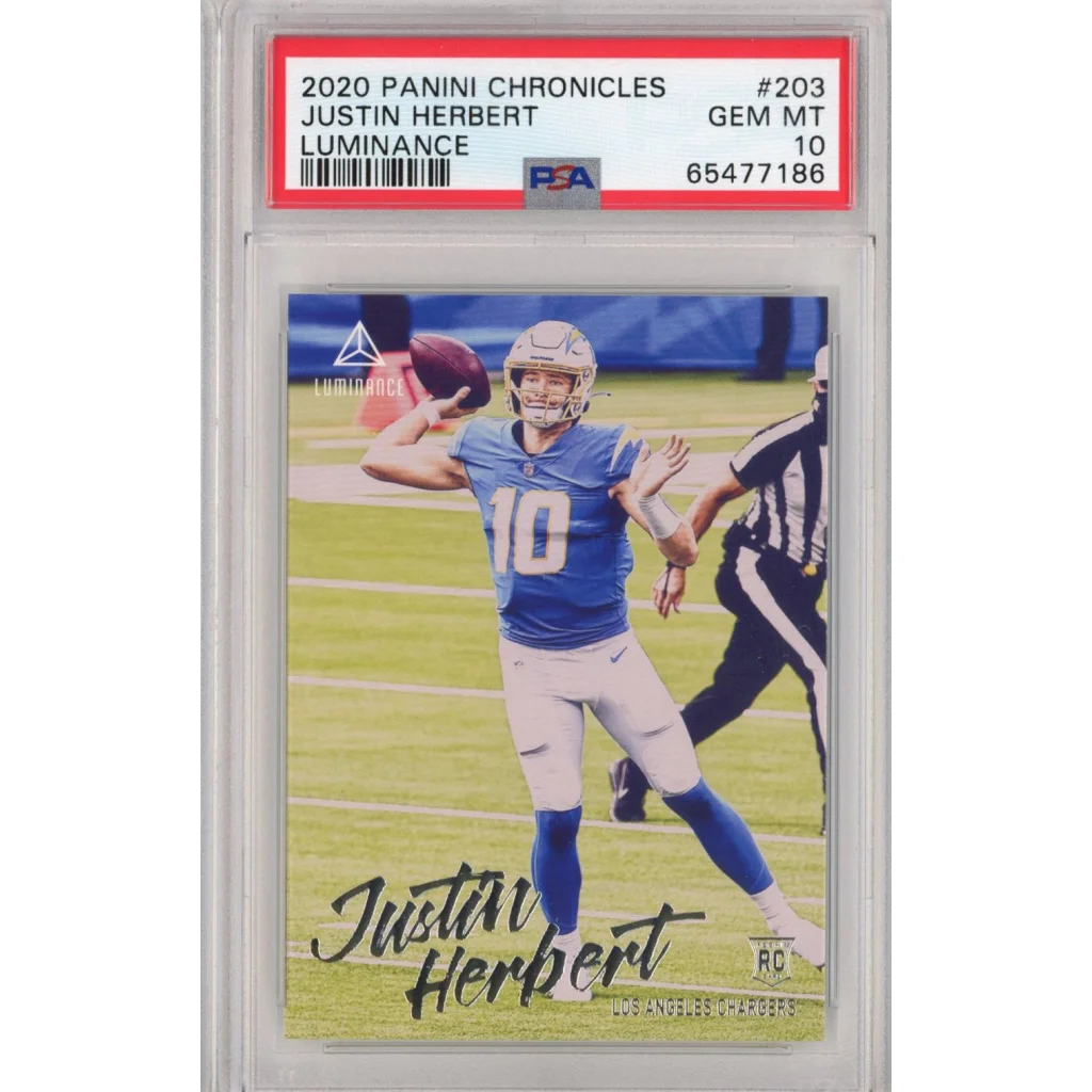 Graded PSA 10 Gem Mint 2020 Panini Chronicles Justin Herbert #203 Luminance Rookie Card