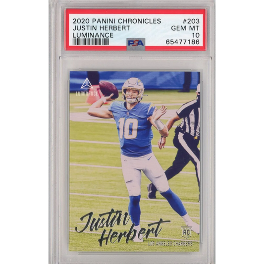 Graded PSA 10 Gem Mint 2020 Panini Chronicles Justin Herbert #203 Luminance Rookie Card