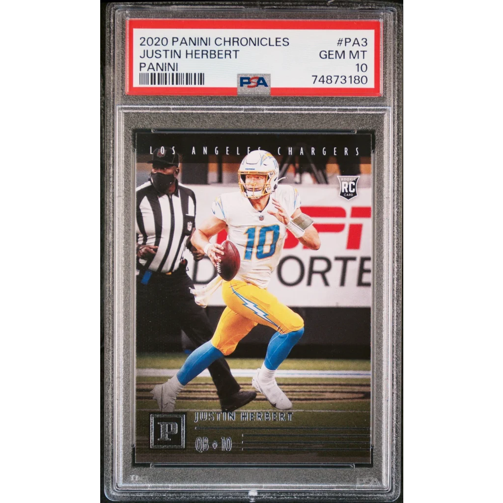 PSA Graded Justin Herbert 2020 Panini Chronicles rookie football card on display