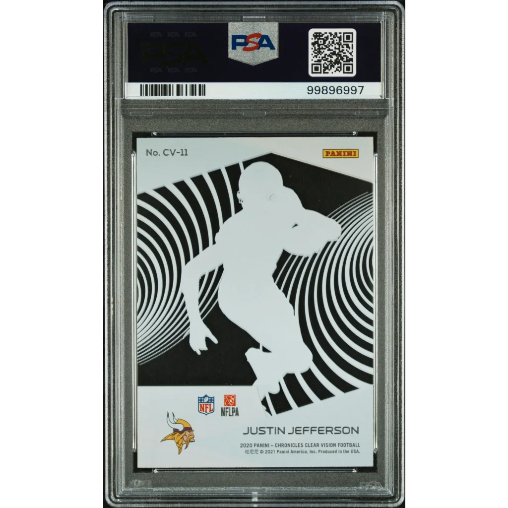 Graded 2020 Panini Chronicles Justin Jefferson #CV11 Clear Vision Rookies Rookie RC Football Card PSA 10 Gem Mint | PSA 10 Gem Mint Graded Rookie Card | vintageantiquesgifts.com