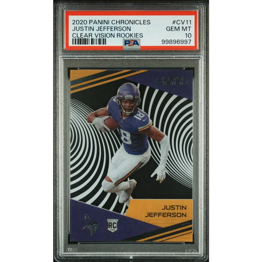 Graded 2020 Panini Chronicles Justin Jefferson #CV11 Clear Vision Rookies Rookie RC Football Card PSA 10 Gem Mint | Hall of Fame Sports Memorabilia | vintageantiquesgifts.com