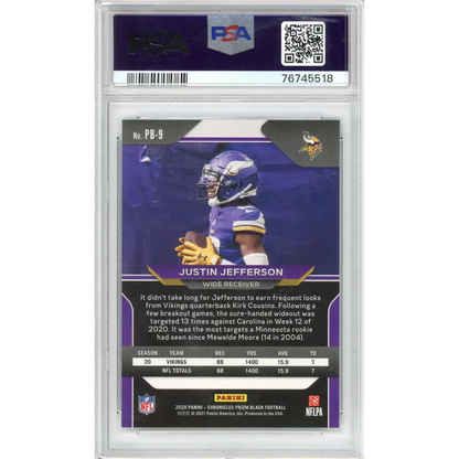 Graded 2020 Panini Chronicles Justin Jefferson #PB9 Prizm Black Rookie RC Football Card PSA 10 Gem Mint | PSA 10 Gem Mint Graded Rookie Card | vintageantiquesgifts.com