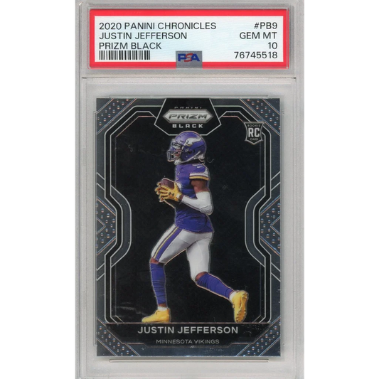 PSA graded 2020 Panini Chronicles Prizm Black Justin Jefferson rookie card displayed