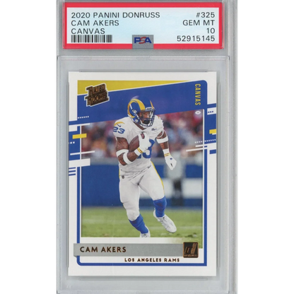 PSA graded Cam Akers 2020 Panini Donruss football card by professional sports authenticator