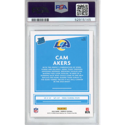 PSA graded Cam Akers 2020 Panini Donruss football card by professional sports authenticator