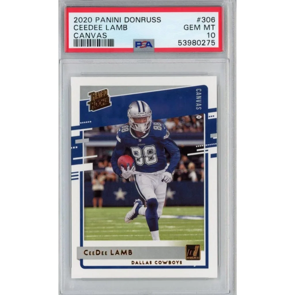 A graded 2020 Panini Donruss CeeDee Lamb Canvas football card in PSA case