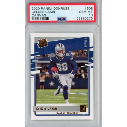 A graded 2020 Panini Donruss CeeDee Lamb Canvas football card in PSA case