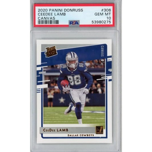 A graded 2020 Panini Donruss CeeDee Lamb Canvas football card in PSA case