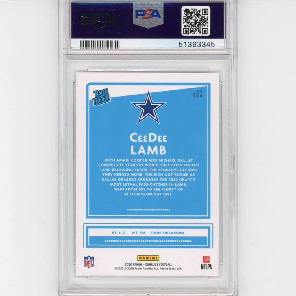 Graded CeeDee Lamb football trading card by Professional Sports Authenticator PSA 10