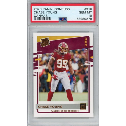 A graded Panini Donruss Chase Young Canvas football card in gem mint condition