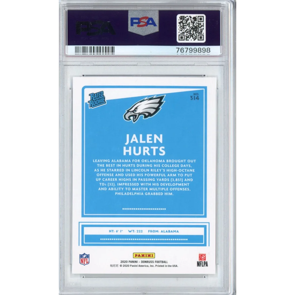 Graded PSA 10 2020 Panini Donruss Jalen Hurts #314 Canvas Rookie Card