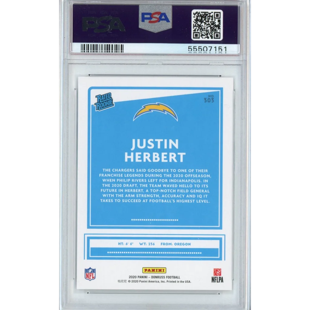A graded 2020 Panini Donruss Justin Herbert rookie card by Professional Sports Authenticator