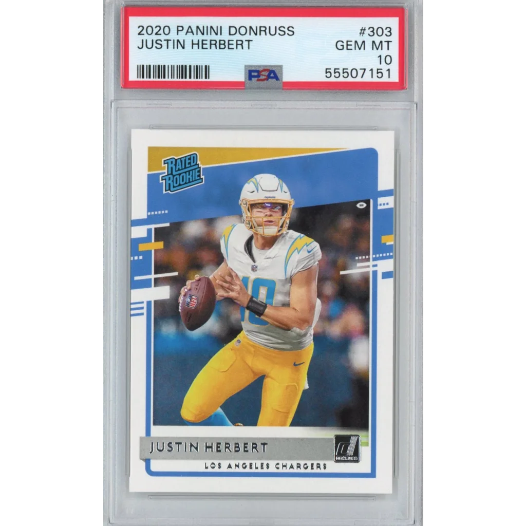 A graded 2020 Panini Donruss Justin Herbert rookie football card by Professional Sports Authenticator