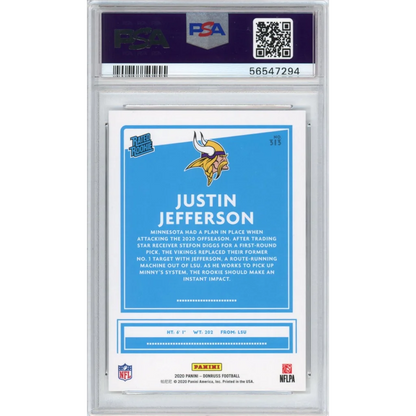 Graded PSA 10 gem mint 2020 Panini Donruss Justin Jefferson rookie RC football card