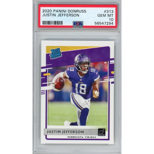 PSA Graded Justin Jefferson 2020 Panini Donruss Rookie Card showing vibrant design