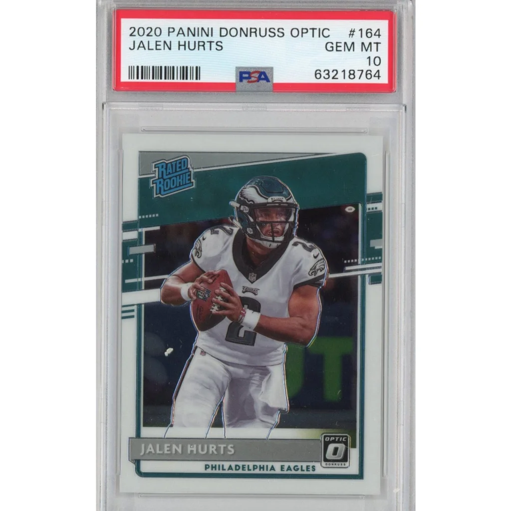 A graded 2020 Panini Donruss Optic Jalen Hurts rookie football card in PSA case