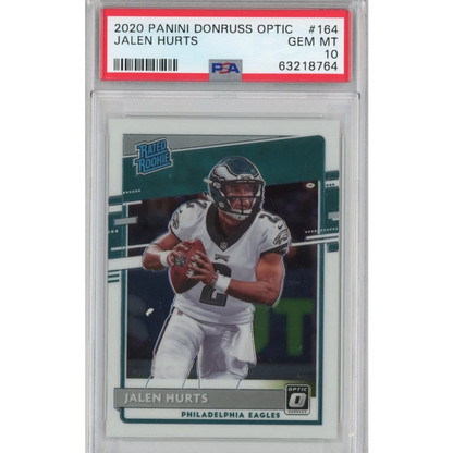 A graded 2020 Panini Donruss Optic Jalen Hurts rookie football card in PSA case