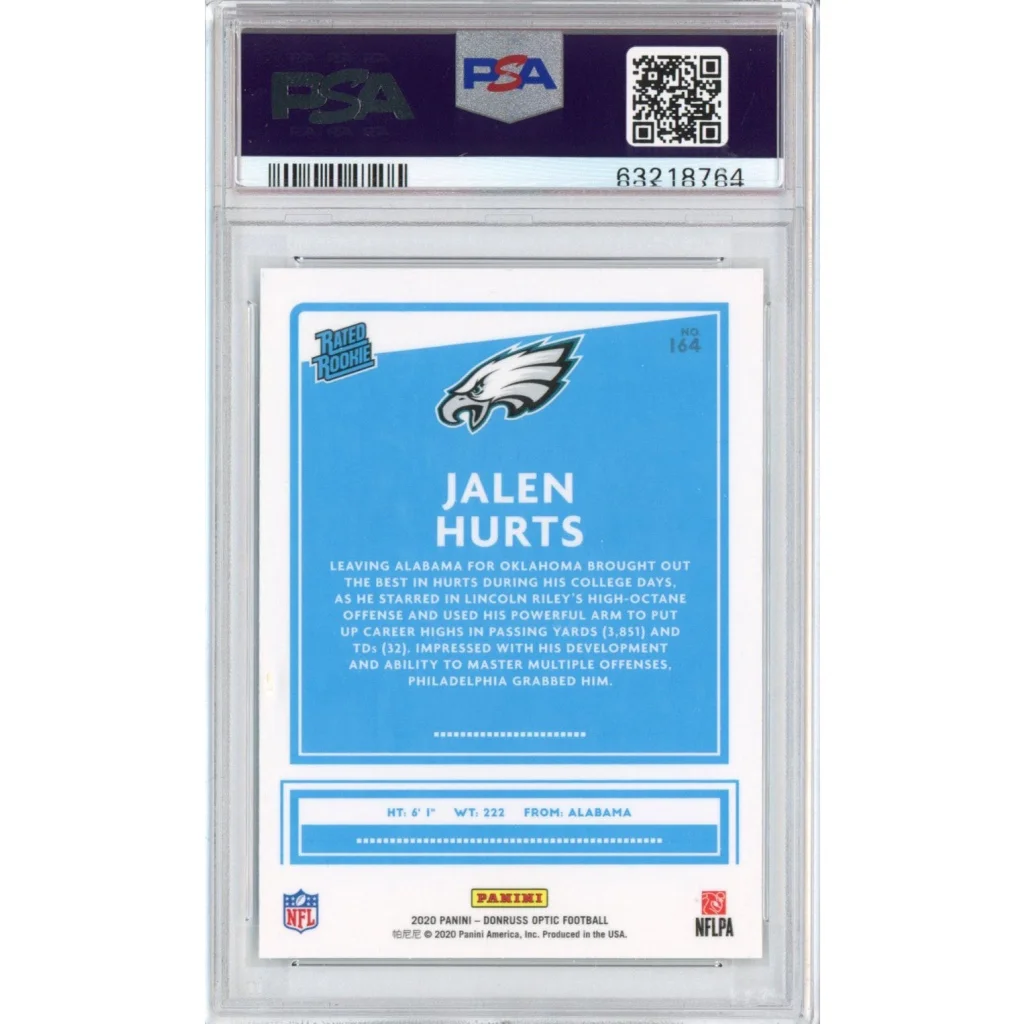 Graded 2020 Panini Donruss Optic Jalen Hurts #164 Rookie RC Football Card PSA 10 Gem Mint | PSA 10 Gem Mint Graded Rookie Card | vintageantiquesgifts.com
