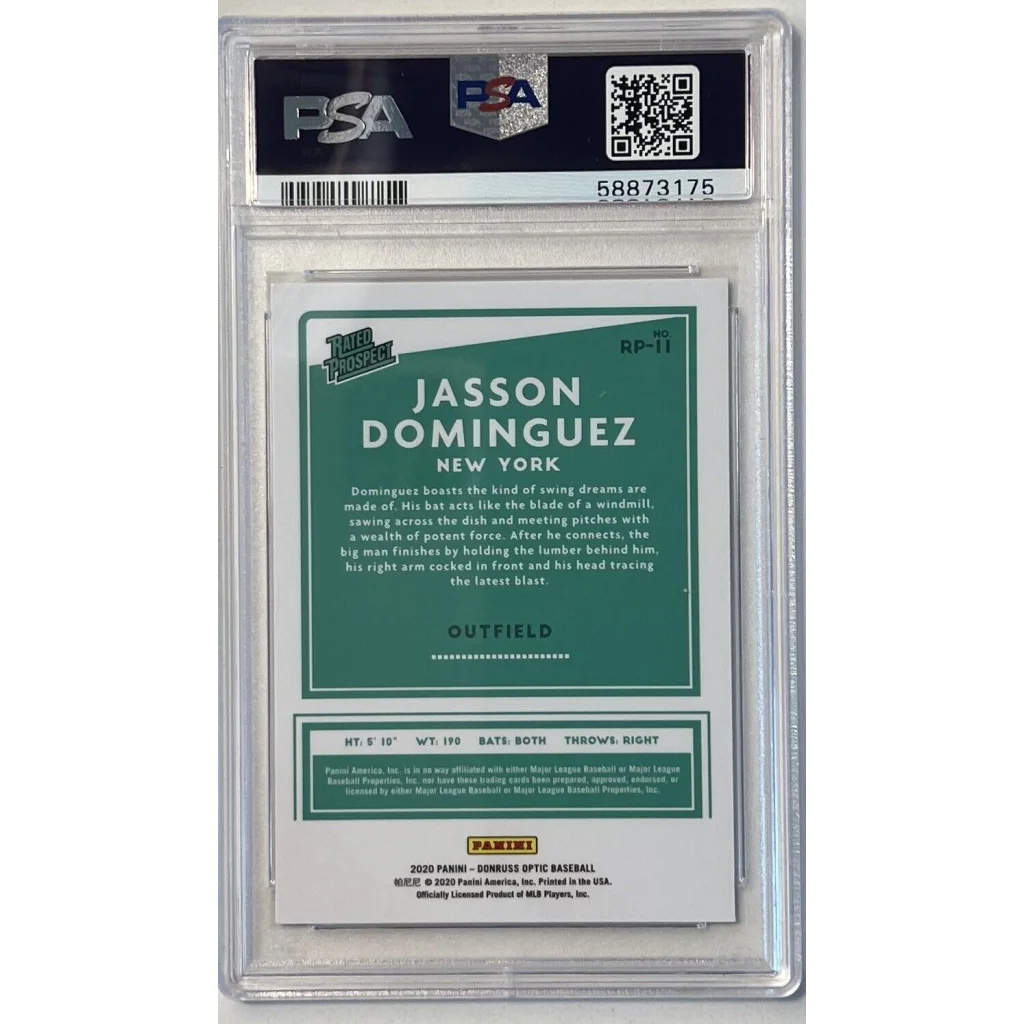 Graded 2020 Panini Donruss Optic Jasson Dominguez #RP11 Rated Prospects Rookie RC Baseball Card PSA 10 Gem Mint | PSA 10 Gem Mint Graded Rookie Card | vintageantiquesgifts.com