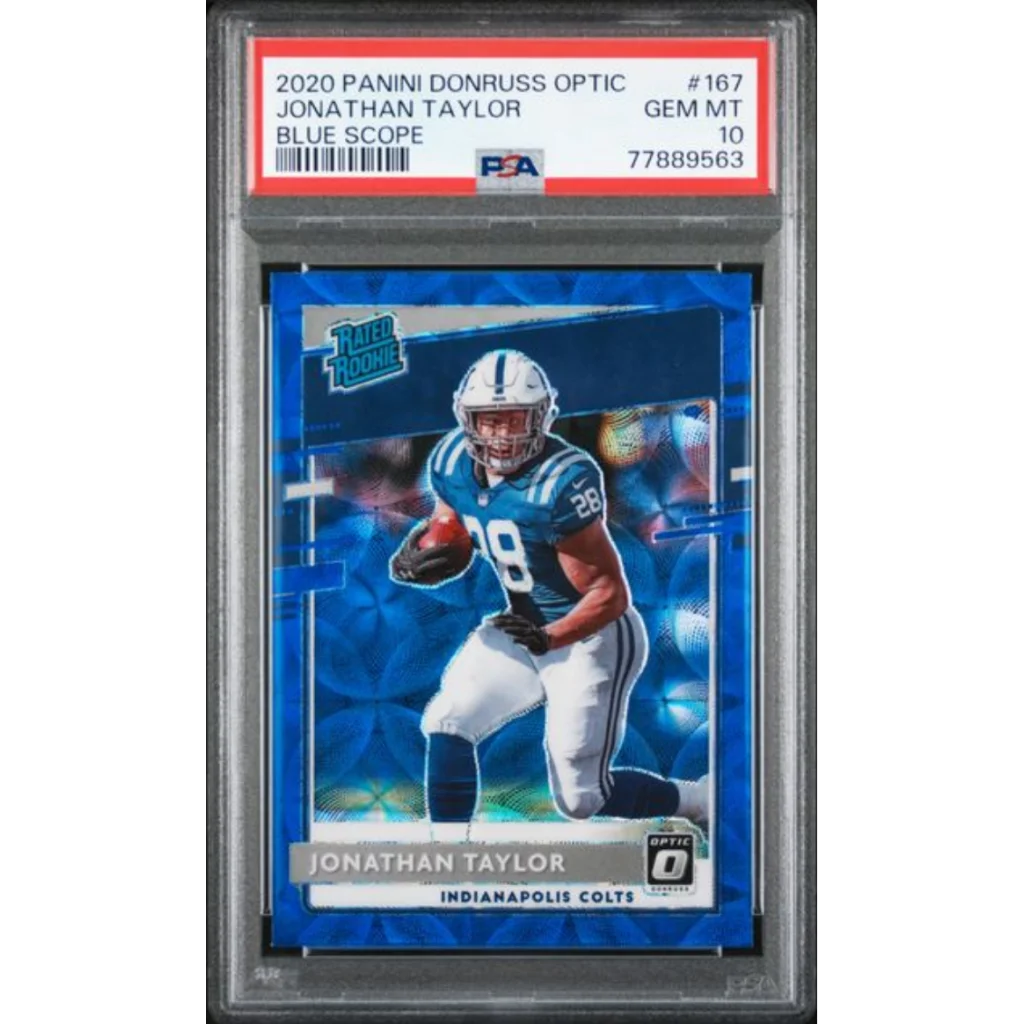 Graded 2020 Panini Donruss Optic Jonathan Taylor #167 Blue Scope Rookie RC Football Card PSA 10 Gem Mint | Hall of Fame Sports Memorabilia | vintageantiquesgifts.com