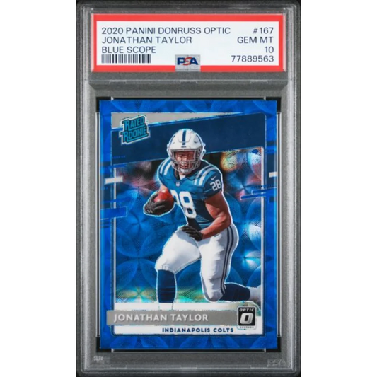 Graded 2020 Panini Donruss Optic Jonathan Taylor #167 Blue Scope Rookie RC Football Card PSA 10 Gem Mint | Hall of Fame Sports Memorabilia | vintageantiquesgifts.com