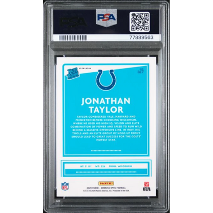 Graded 2020 Panini Donruss Optic Jonathan Taylor #167 Blue Scope Rookie RC Football Card PSA 10 Gem Mint | PSA 10 Gem Mint Graded Rookie Card | vintageantiquesgifts.com