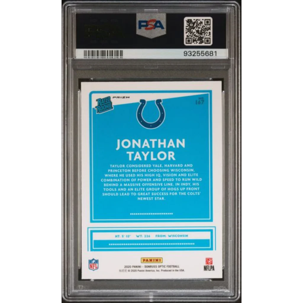 Graded 2020 Panini Donruss Optic Jonathan Taylor #167 Green Velocity Rookie RC Football Card PSA 10 Gem Mint | PSA 10 Gem Mint Graded Rookie Card | vintageantiquesgifts.com