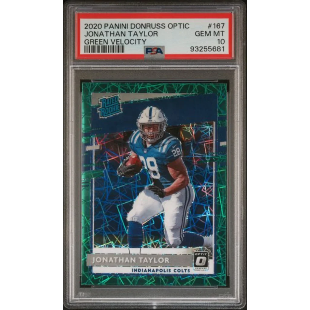 Graded 2020 Panini Donruss Optic Jonathan Taylor #167 Green Velocity Rookie RC Football Card PSA 10 Gem Mint | Hall of Fame Sports Memorabilia | vintageantiquesgifts.com