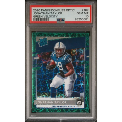 Graded 2020 Panini Donruss Optic Jonathan Taylor #167 Green Velocity Rookie RC Football Card PSA 10 Gem Mint | Hall of Fame Sports Memorabilia | vintageantiquesgifts.com
