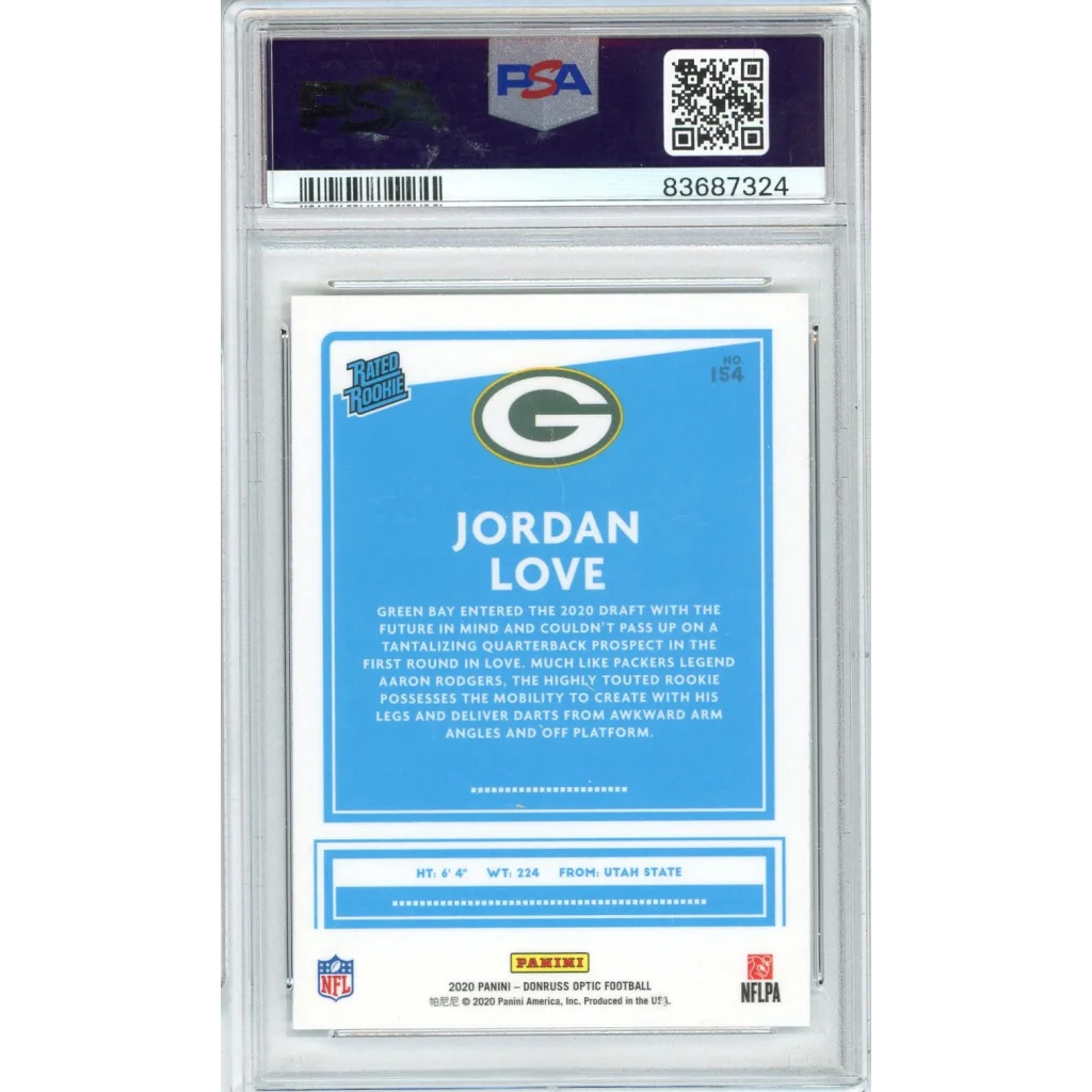 Graded 2020 Panini Donruss Optic Jordan Love #154 Rookie RC Football Card PSA 10 Gem Mint | PSA 10 Gem Mint Graded Rookie Card | vintageantiquesgifts.com