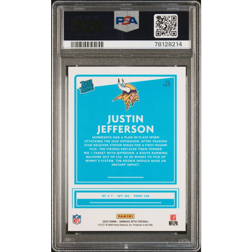 Graded 2020 Panini Donruss Optic Justin Jefferson #163 Rookie RC Football Card PSA 10 Gem Mint | PSA 10 Gem Mint Graded Rookie Card | vintageantiquesgifts.com