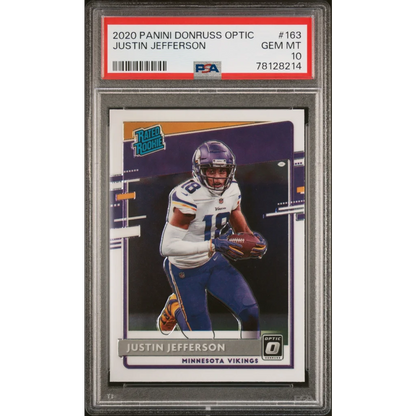 PSA graded Justin Jefferson Panini Donruss Optic rookie card in excellent condition