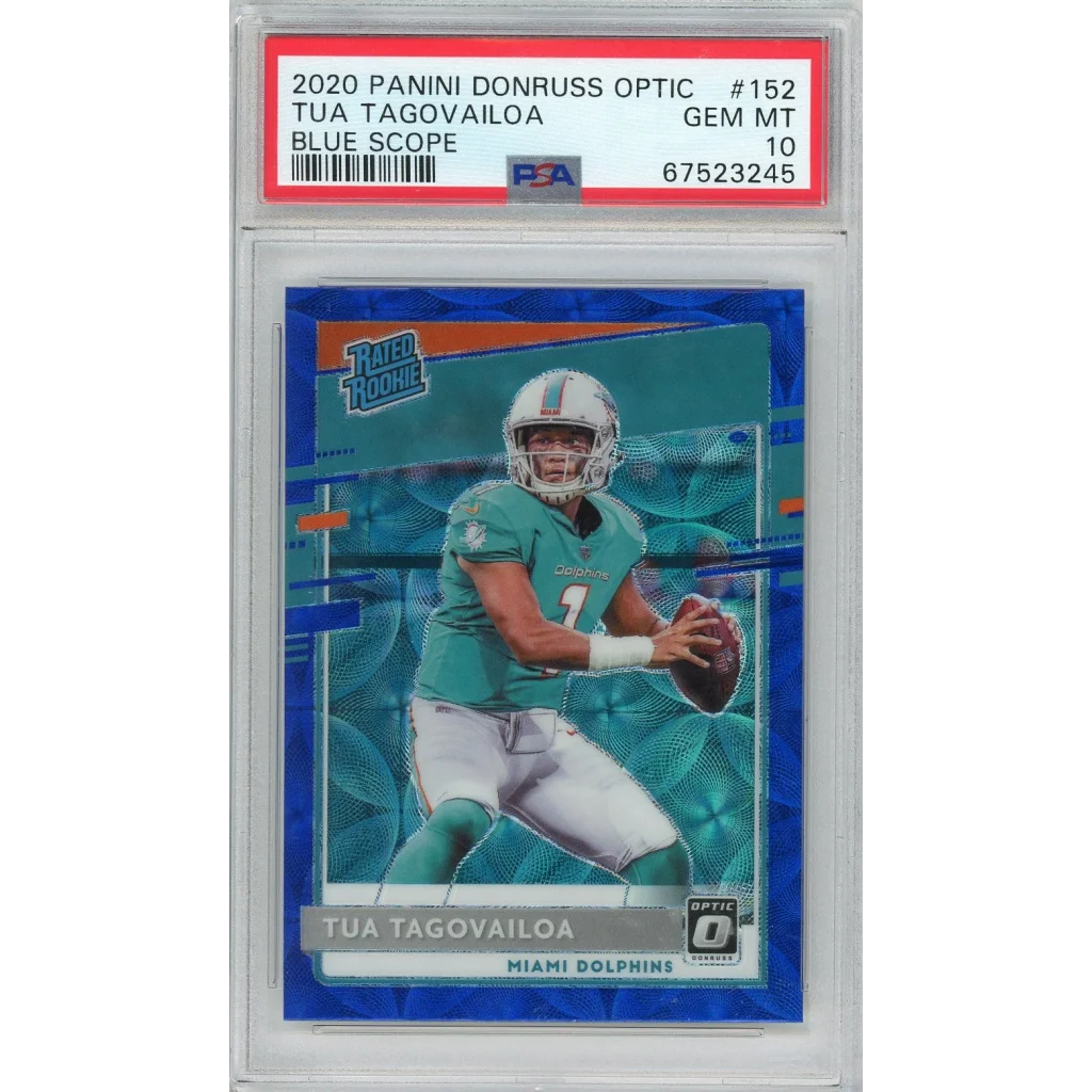 Graded 2020 Panini Donruss Optic Tua Tagovailoa #152 Blue Scope Rookie RC Football Card PSA 10 Gem Mint | Hall of Fame Sports Memorabilia | vintageantiquesgifts.com