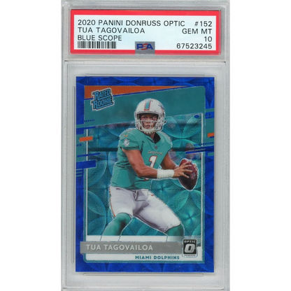 Graded 2020 Panini Donruss Optic Tua Tagovailoa #152 Blue Scope Rookie RC Football Card PSA 10 Gem Mint | Hall of Fame Sports Memorabilia | vintageantiquesgifts.com
